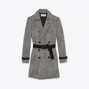 伊夫圣罗兰/Yves Saint laurent 黑色和白色V形编织初剪羊毛双排扣系带风衣 485320Y105R1070