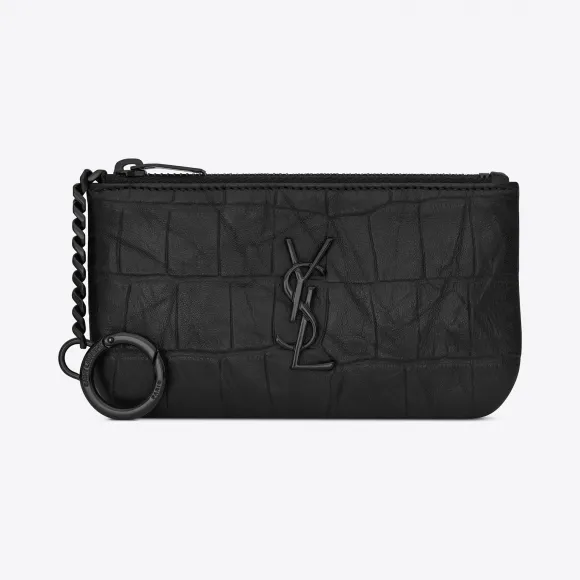伊夫圣罗兰/Yves Saint laurent monogram黑色鳄鱼压花真皮钥匙包 485632C9H0U1000