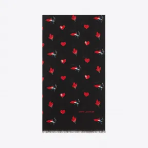伊夫圣罗兰/Yves Saint laurent 黑色和红色心形、闪电、嘴唇和火焰印花羊毛斜纹方巾 4870284Y209107