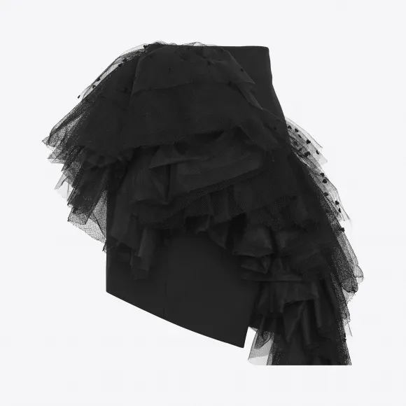 伊夫圣罗兰/Yves Saint laurent 黑色华达呢的不对称迷你裙，网眼荷叶边与心 487586Y239W1000