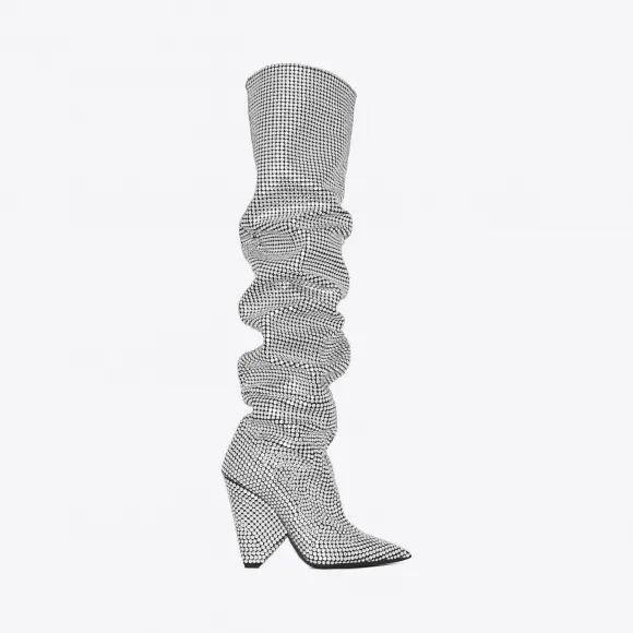 伊夫圣罗兰/Yves Saint laurent NIKI 105大腿靴，全刺绣白色水晶 4928040ET001000