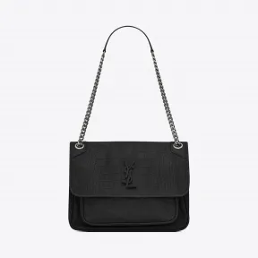 伊夫圣罗兰/Yves Saint laurent Niki 中号鳄鱼纹压花黑色麂皮链条包  4989130TJ0D1000