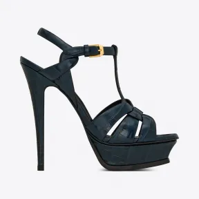 伊夫圣罗兰/Yves Saint laurent Tribute 105 海军蓝鳄鱼纹压花真皮平底拖鞋 527533D6E004