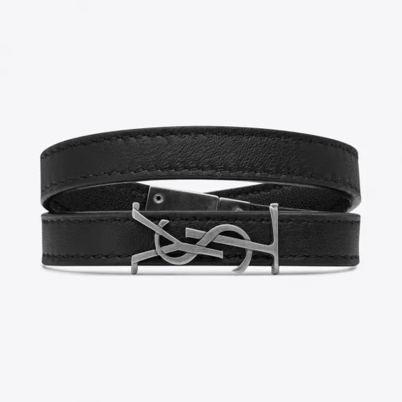 伊夫圣罗兰/Yves Saint laurent OPYUM 黑色真皮银色调金属双层缠绕手链   536073BOO0D1000