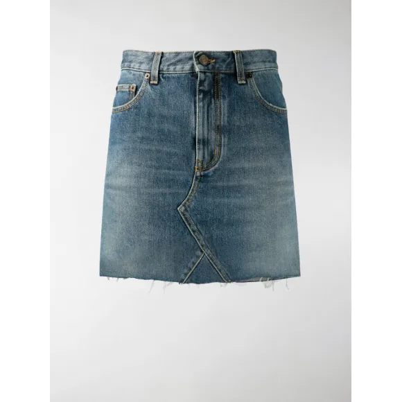 伊夫圣罗兰/Yves Saint laurent 女士 毛边牛仔迷你裙 602944Y807OBLUE