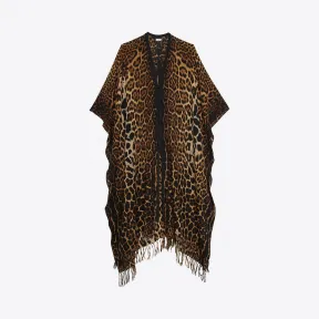 伊夫圣罗兰/Yves Saint laurent 女士 流苏豹纹印花羊驼毛和羊毛帆布斗篷 6105563Y2009760