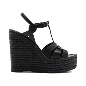 伊夫圣罗兰/Yves Saint laurent TRIBUTE光滑皮革麻绳底坡跟凉鞋 611924BDA001000