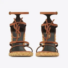 伊夫圣罗兰/Yves Saint laurent cassandra棕色字母标志光滑植鞣皮革麻绳底坡跟鞋 688690AAAM47660