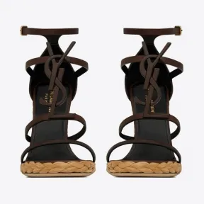 伊夫圣罗兰/Yves Saint laurent cassandra棕色字母标志光滑皮革麻绳底坡跟鞋 688690DWE006023