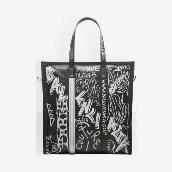 巴黎世家/Balenciaga ‎男士‎ ‎白色/黑色 ‎ ‎Bazar中号涂鸦购物包 ‎ | Balenciaga 480792-0FE0N-1090