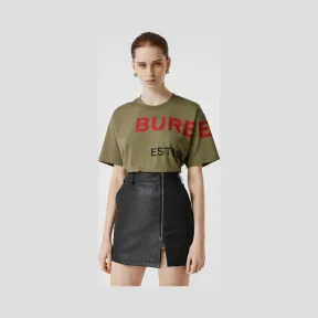 博百利/Burberry 女士 Horseferry 印花棉质宽松 T 恤衫 (深苔藓色) 80153261