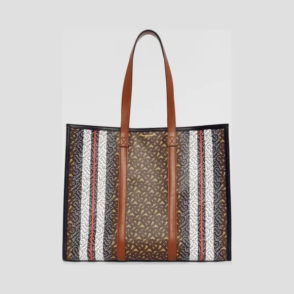 博百利/Burberry 男士 专属标识条纹环保帆布托特包 (马鞍棕)  80183611