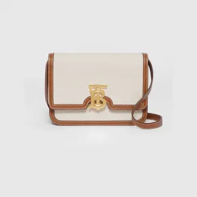 博百利/Burberry 小号 TB 专属标识双色帆布拼皮革锁扣包 (自然色 / 麦芽棕色) - 女士 80393651