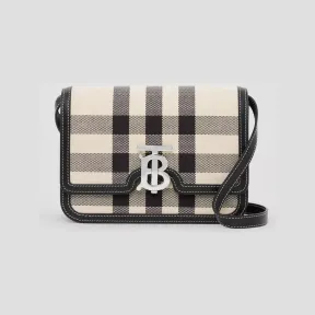 博百利/Burberry TB 小号专属标识格纹帆布拼皮革锁扣包 (黄油米色 / 黑色) - 女士 80522891