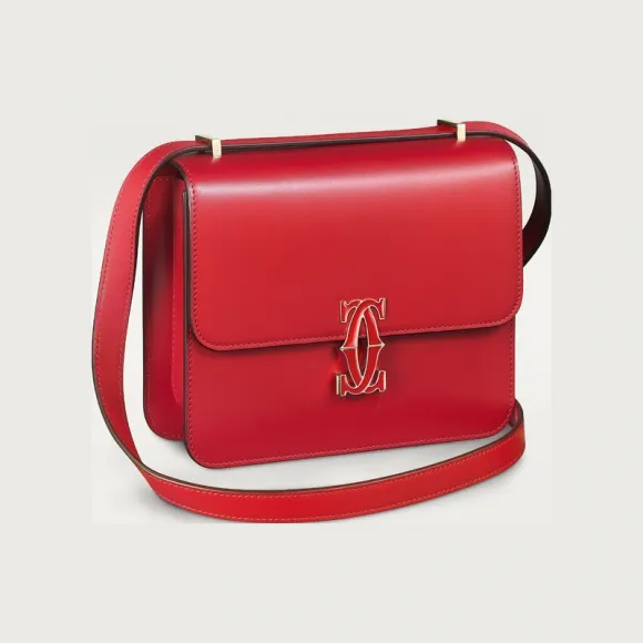 卡地亚/Cartier L1002365 C de Cartier手袋 肩背包 红色 小牛皮 红色小牛皮 镀金装饰 红色珐琅 