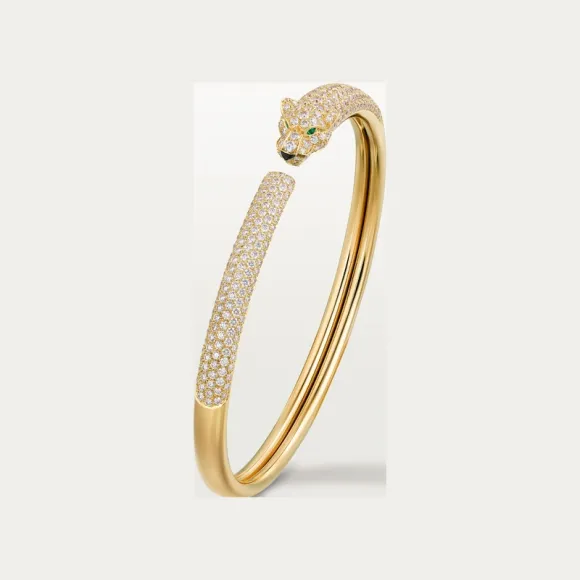 卡地亚/Cartier N6718117 - Panthère de Cartier卡地亚猎豹手镯 小号款 半铺镶钻石 18K黄金 - 黄金 缟玛瑙 祖母绿 钻石