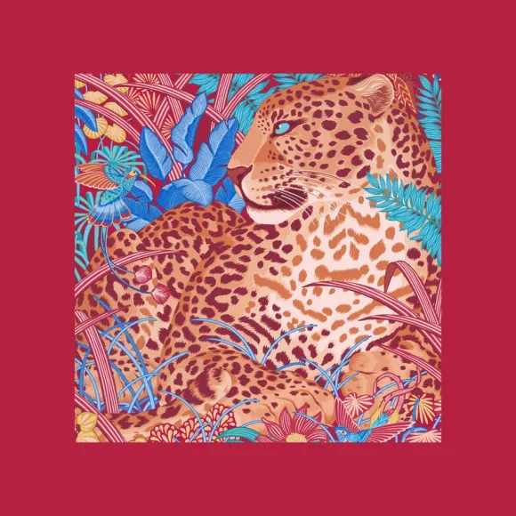 卡地亚/Cartier OS000117 猎豹丛林图案方巾 90 橙色斜纹真丝 