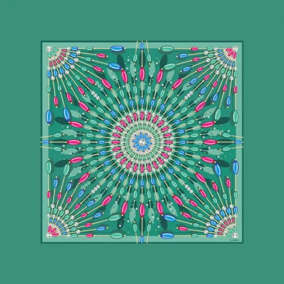 卡地亚/Cartier OS000141 “Tutti Frutti水果锦囊”风格方巾 90 绿色斜纹真丝 