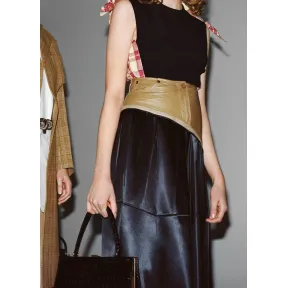 思琳/Celine  黑色人造丝缎配对比色皮革半身裙 22P657060.38NO