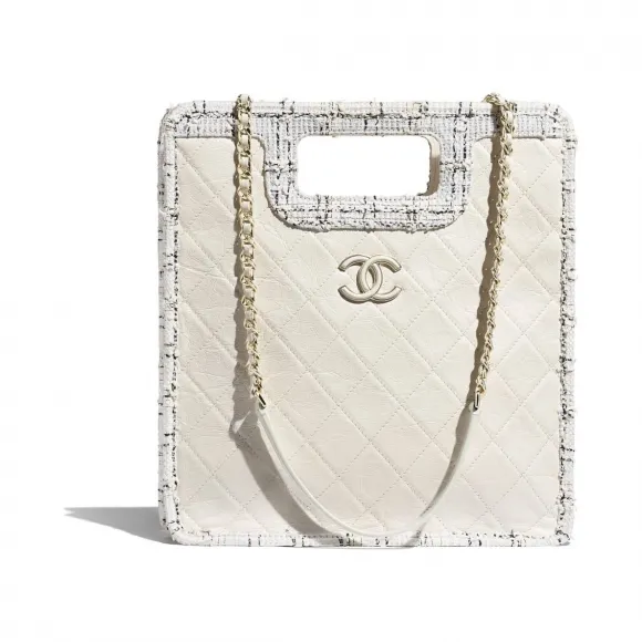 香奈儿/Chanel 小号购物包  复古小牛皮、斜纹软呢与金色金属  白、黑与乳白 AS1431-B02513-N6471