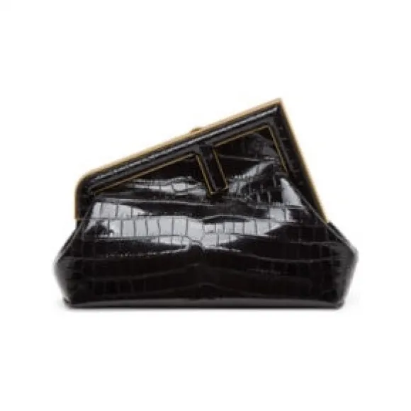 芬迪/Fendi Fendi First小号手袋- 黑色漆皮鳄鱼皮手袋