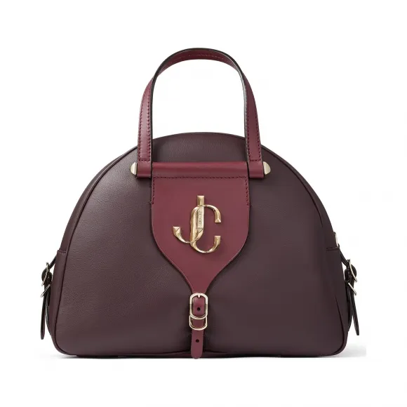 Jimmychoo/吉米周 JC 品牌 logo 款波尔多酒红色牛皮拼植鞣皮保龄球包 VARENNEBOWLINGMAFV060836