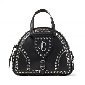 Jimmychoo/吉米周 金色品牌 logo 和铆钉饰黑色牛皮拼植鞣皮保龄球包  VARENNEBOWLINGSLGH010003