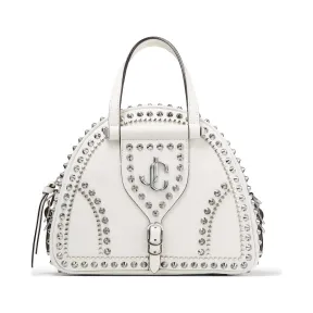 Jimmychoo/吉米周 金色品牌 logo 和铆钉饰拿铁色牛皮拼植鞣皮保龄球包  VARENNEBOWLINGSLGH080258