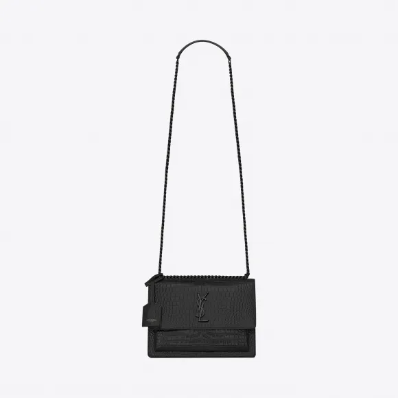 伊夫圣罗兰/Yves Saint laurent 中号SUNSET黑色鳄鱼皮压花闪亮真皮包 442906DND0U1000