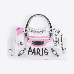 巴黎世家/Balenciaga 黑色 / 白色 / 粉色 Classic Mini City Graffiti肩背包 45472588ja
