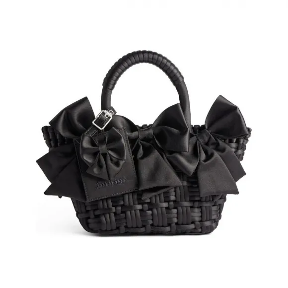 巴黎世家/Balenciaga Bistro黑色缎面超小号肩带提篮包 饰以蝴蝶结 6780282AAGT1000