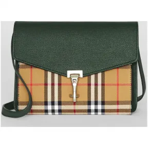 博百利/Burberry 女士 小号 Vintage 格纹拼皮革斜背包 (复古绿色) 40800771