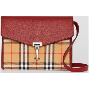 博百利/Burberry 女士 小号 Vintage 格纹拼皮革斜背包 (绯红) 40800791