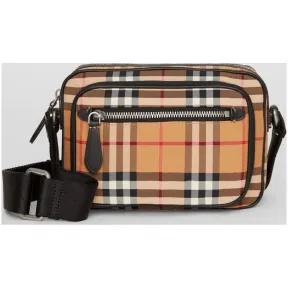 博百利/Burberry 男士 Vintage 格纹拼皮革斜背包 (古典黄色) - 男士  80055241