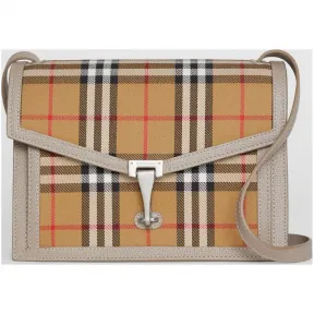 博百利/Burberry 女士 小号 Vintage 格纹拼皮革斜背包 (棕灰色) 80063611
