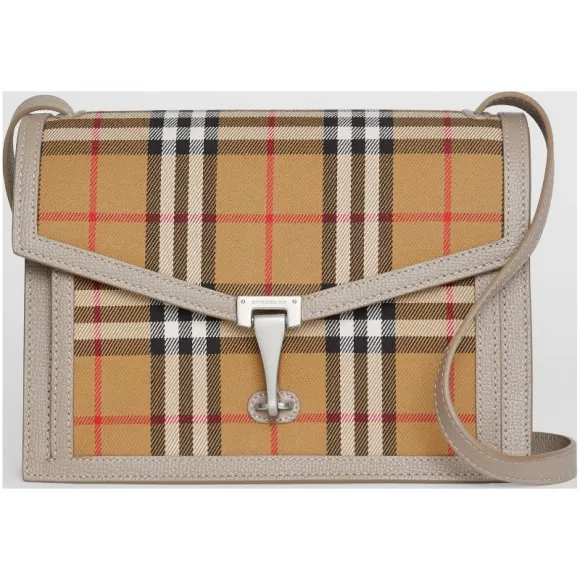 博百利/Burberry 女士 小号 Vintage 格纹拼皮革斜背包 (棕灰色) 80063611
