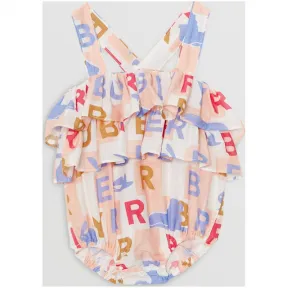 博百利/Burberry 儿童用品 褶饰徽标印花丝棉混纺连身衣 (浅玫瑰色) - 童装  80113621