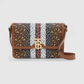 博百利/Burberry 小号专属标识条纹环保帆布斜背包 (马鞍棕) - 女士  80180551