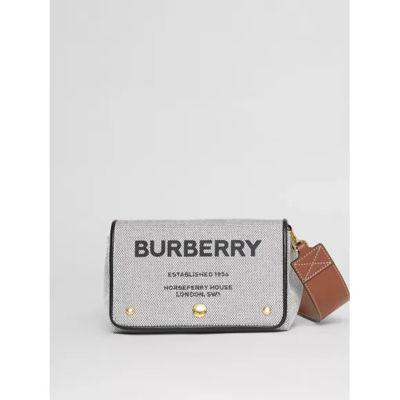 博百利/Burberry 小号 Horseferry 印花棉质帆布斜背包 (黑色 / 棕褐色) 80398691