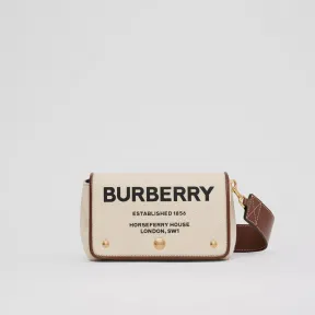 博百利/Burberry 小号 Horseferry 印花棉质帆布斜背包 (自然色 / 棕褐色) - 女士 80518441