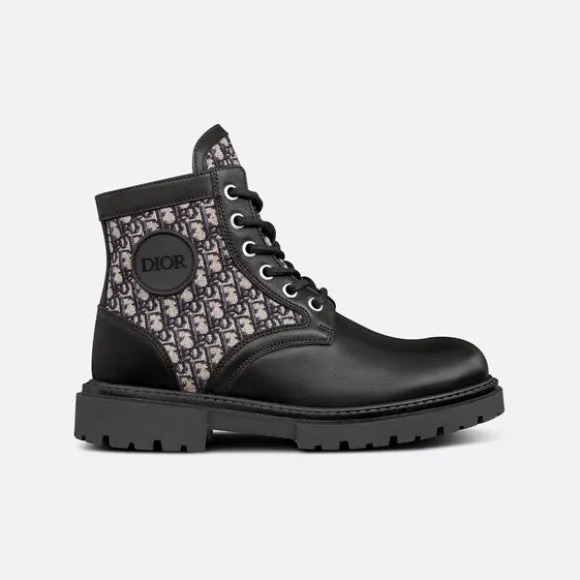 迪奥/Dior 儿童 Dior Explorer 及踝靴 黑色光滑牛皮革和米色和蓝色 Oblique 印花面料 2WBS21SHOD_Y38I_T24